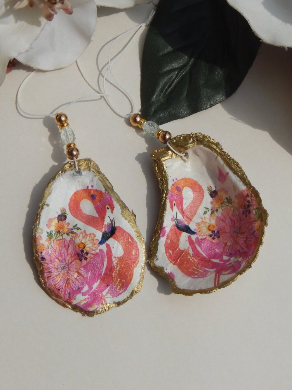 Set of 2 Pink Flamingo Oyster Shell Decoupaged Ornaments - Handmade